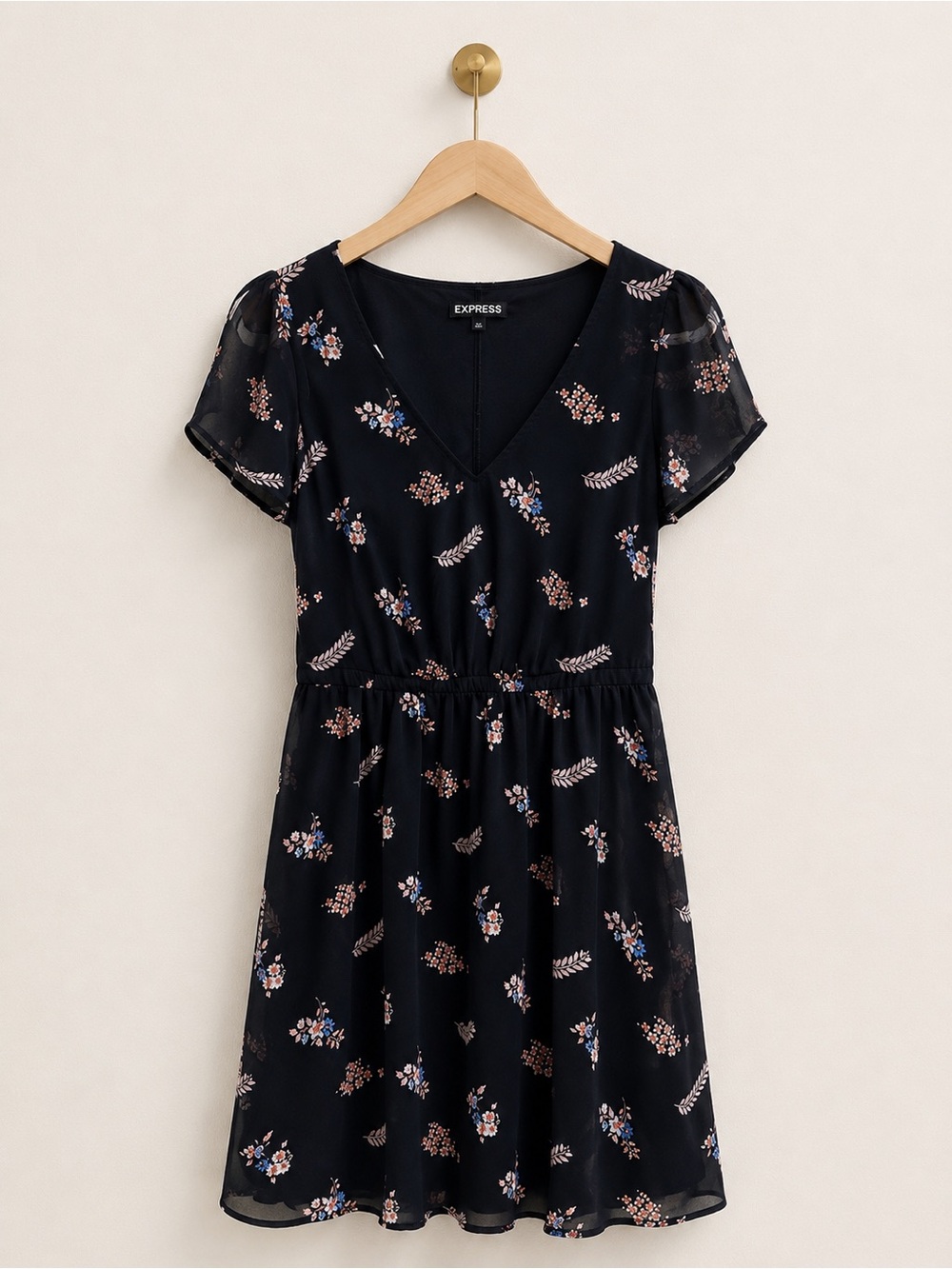 Express Black Floral Fit & Flare Dress | Size Small Petite | Flutter Sleeve